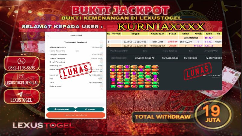 LEXUSTOGEL  JACKPOT SLOT   SUGAR RUSH Rp.  19.000.000,-  LUNAS   ID : KURNIA***