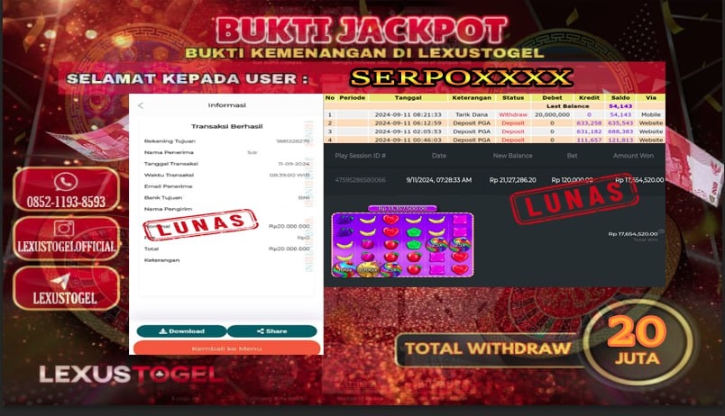 LEXUSTOGEL  JACKPOT SLOT  SWEET   BONANZA  Rp.  20.000.000,-     LUNAS  ID : SERPO***