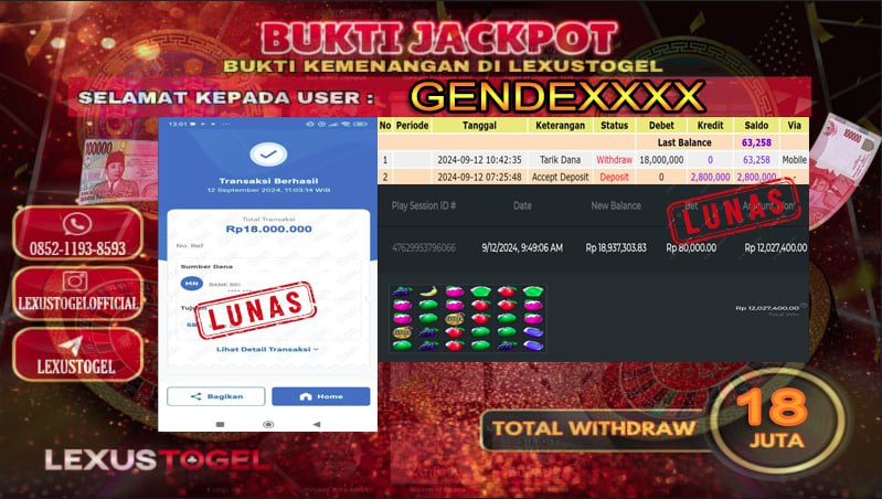 LEXUSTOGEL JACKPOT SLOT  SWEET BONANZA XMAX Rp . 18.000.000,- LUNAS ID : GENDE*** 